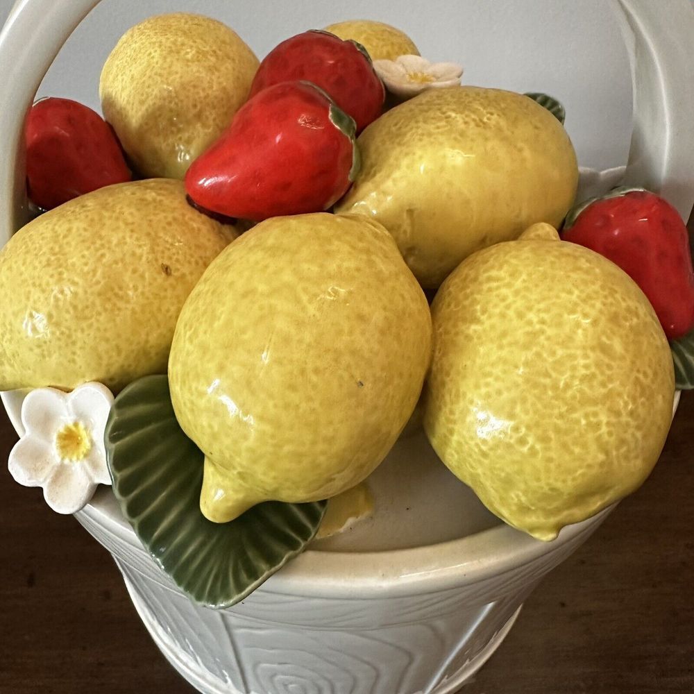 Fitz and Floyd Lemon Strawberry 1987 Ceramic Fruit Basket 11" Vintage Lidded Box - Picture 3 of 9